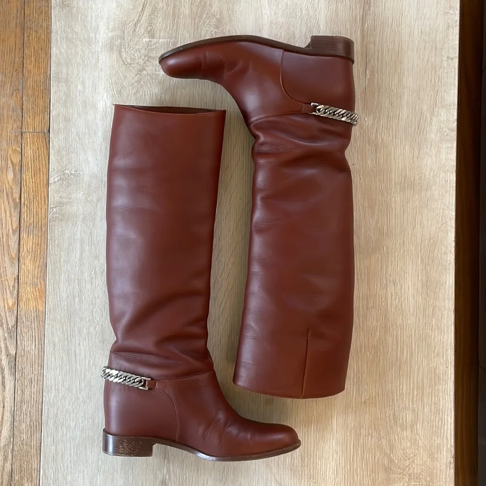 Louboutin Cate Chained Cognac Leather Riding Boots - 38.5 - Picture 5 of 9